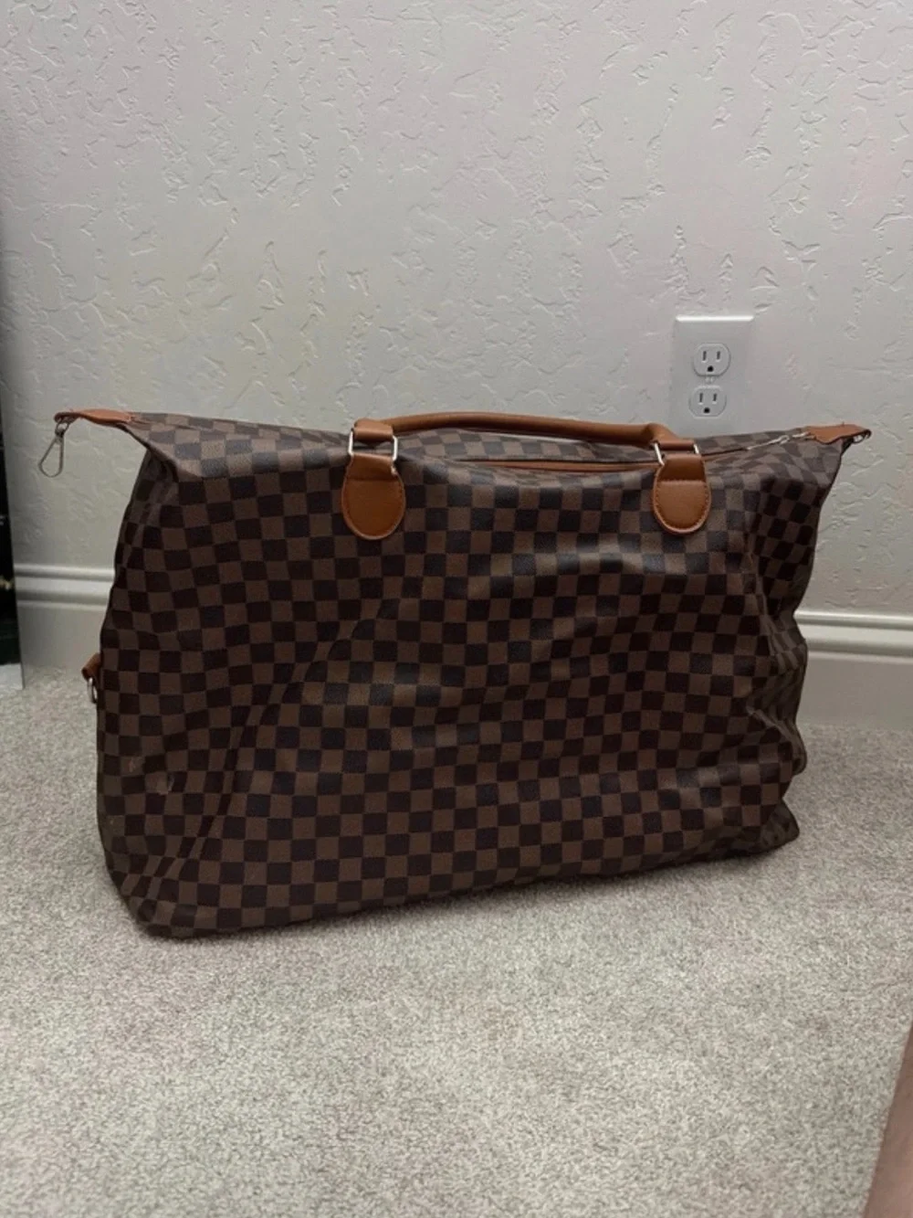 Brown Checkered Travel Weekender Bag